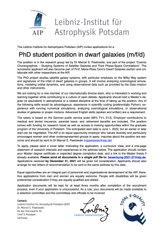 PhD student position in dwarf galaxies